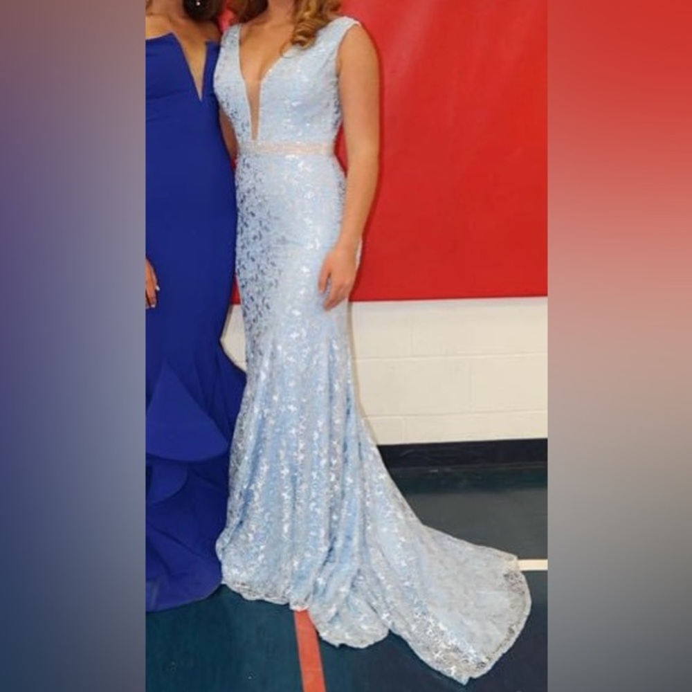 Jovani light blue formal dress. Size 8. Silver lace. Perfect condition